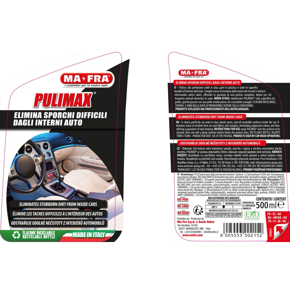 PULIMAX PULITORE INTERNI AUTO MAFRA PROFESSIONALE SPRAY CRUSCOTTO SEDILI