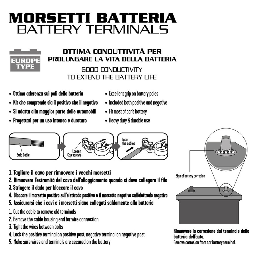 MORSETTI BATTERIA AUTO ALTA QUALITA' IN OTTONE POSITIVO E NEGATIVO MOD EUROPEO