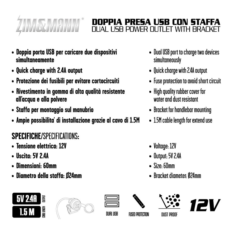 PRESA USB PER MOTO 12V DA MANUBRIO MOTO CON PRESA DOPPIA USB E CAVO CABLATO ZIMM&MANN