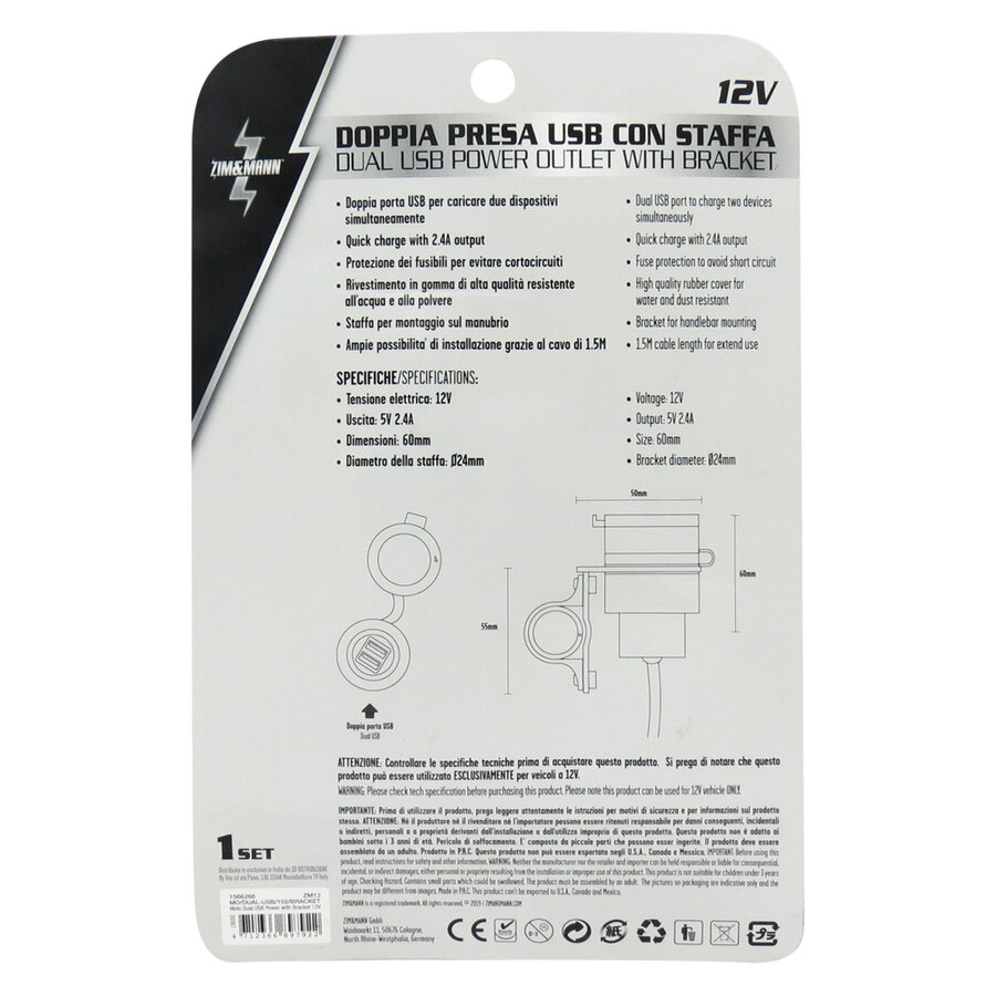 PRESA USB PER MOTO 12V DA MANUBRIO MOTO CON PRESA DOPPIA USB E CAVO CABLATO ZIMM&MANN