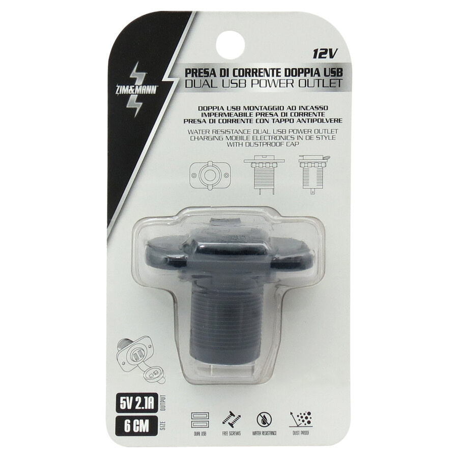 PRESA USB DOPPIA A INCASSO PER AUTO 12V CON TAPPO ANTIPOLVERE 5V 2,1A