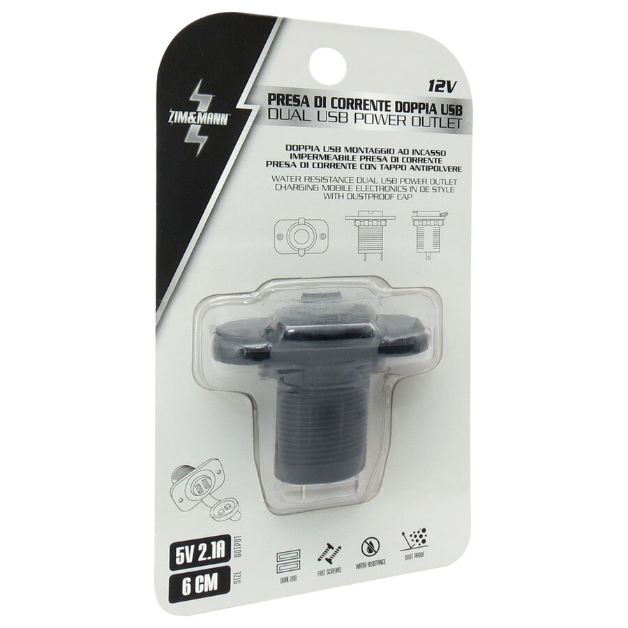 PRESA USB DOPPIA A INCASSO PER AUTO 12V CON TAPPO ANTIPOLVERE 5V 2,1A