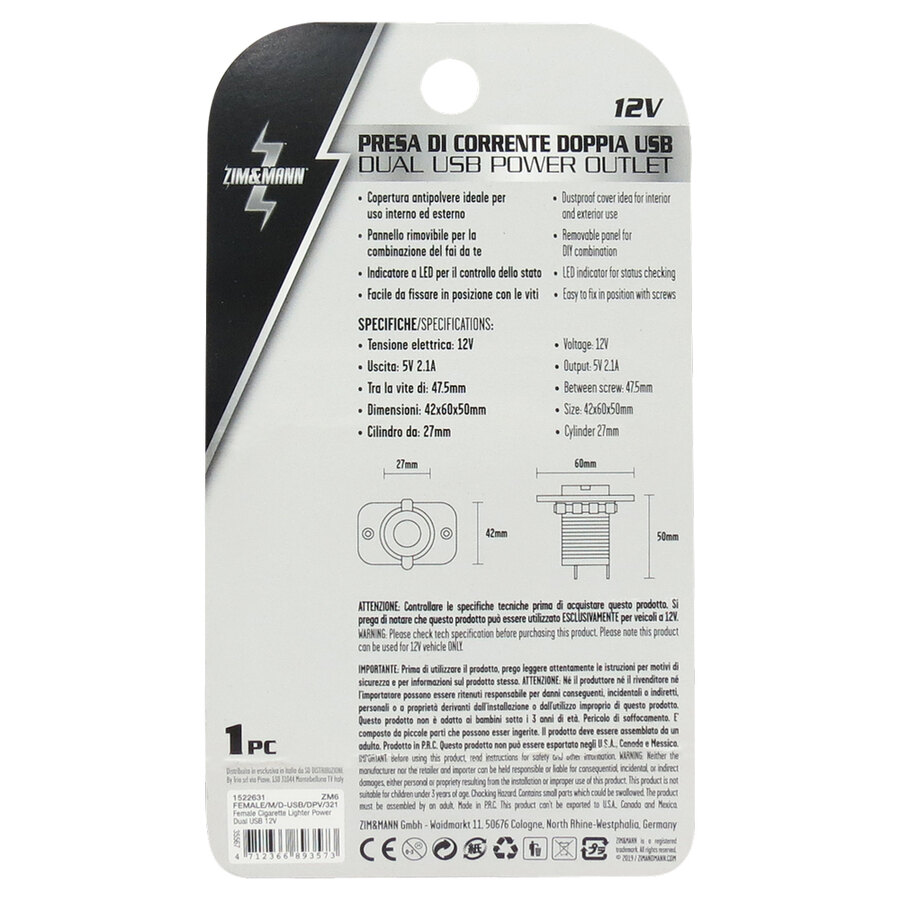 PRESA USB DOPPIA A INCASSO PER AUTO 12V CON TAPPO ANTIPOLVERE 5V 2,1A