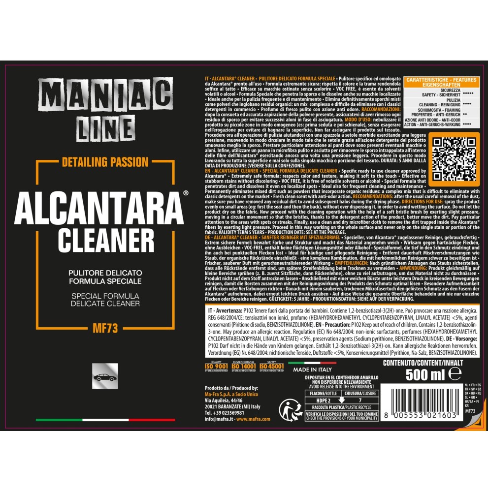 PULITORE DELICATO TESSUTI INTERNI SPECIFICO PER ALCANTARA AUTO MAFRA MANIAC