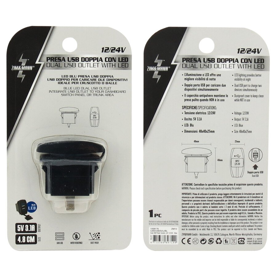 PRESA USB DOPPIA A INCASSO PER AUTO CON LED BLUE 12V CON TAPPO ANTIPOLVERE 5V 3,1A