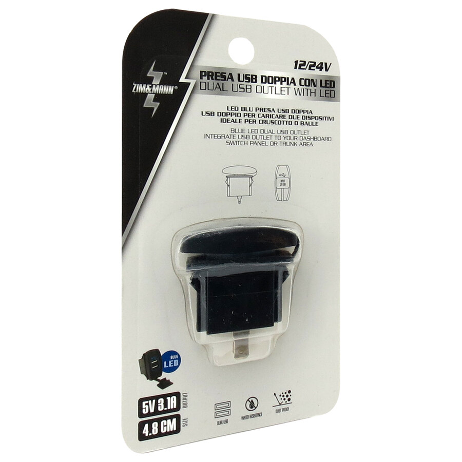 PRESA USB DOPPIA A INCASSO PER AUTO CON LED BLUE 12V CON TAPPO ANTIPOLVERE 5V 3,1A