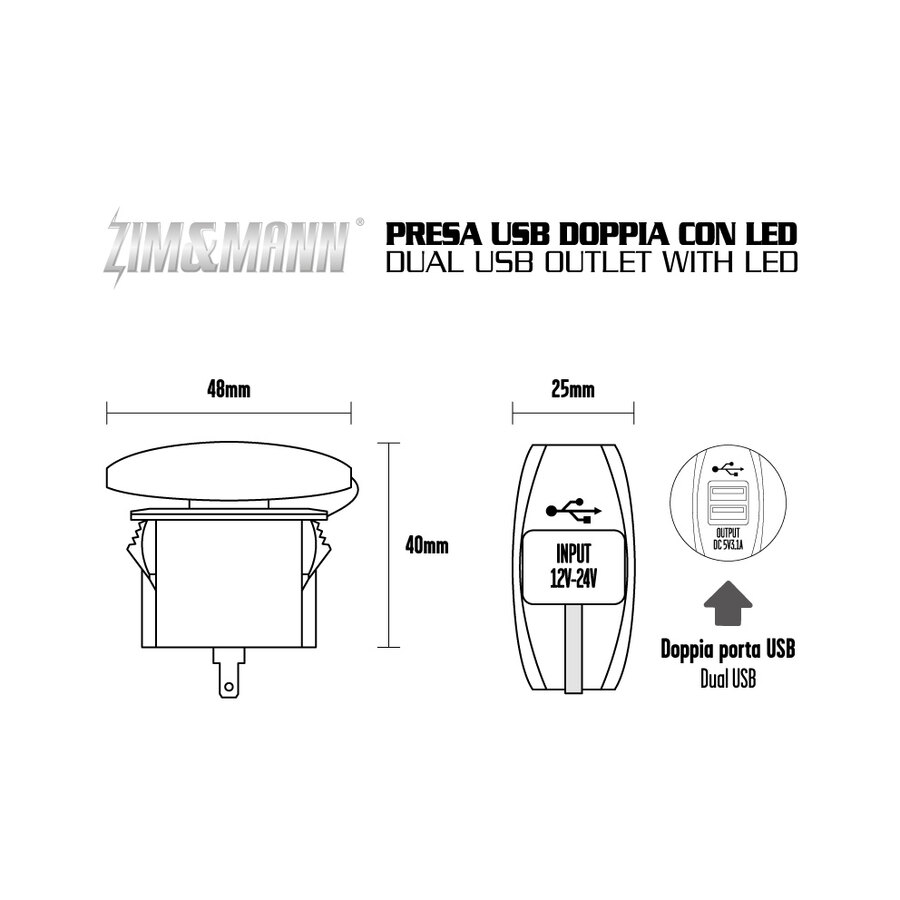 PRESA USB DOPPIA A INCASSO PER AUTO CON LED BIANCO 12V CON TAPPO ANTIPOLVERE 5V 3,1A