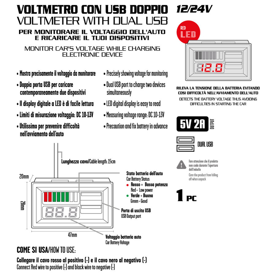 VOLTMETRO DIGITALE A LED ROSSO 12-24V CON DOPPIA PRESA USB CONTROLLO TENSIONE BATTERIA AUTO CAMPER FUORISTRADA