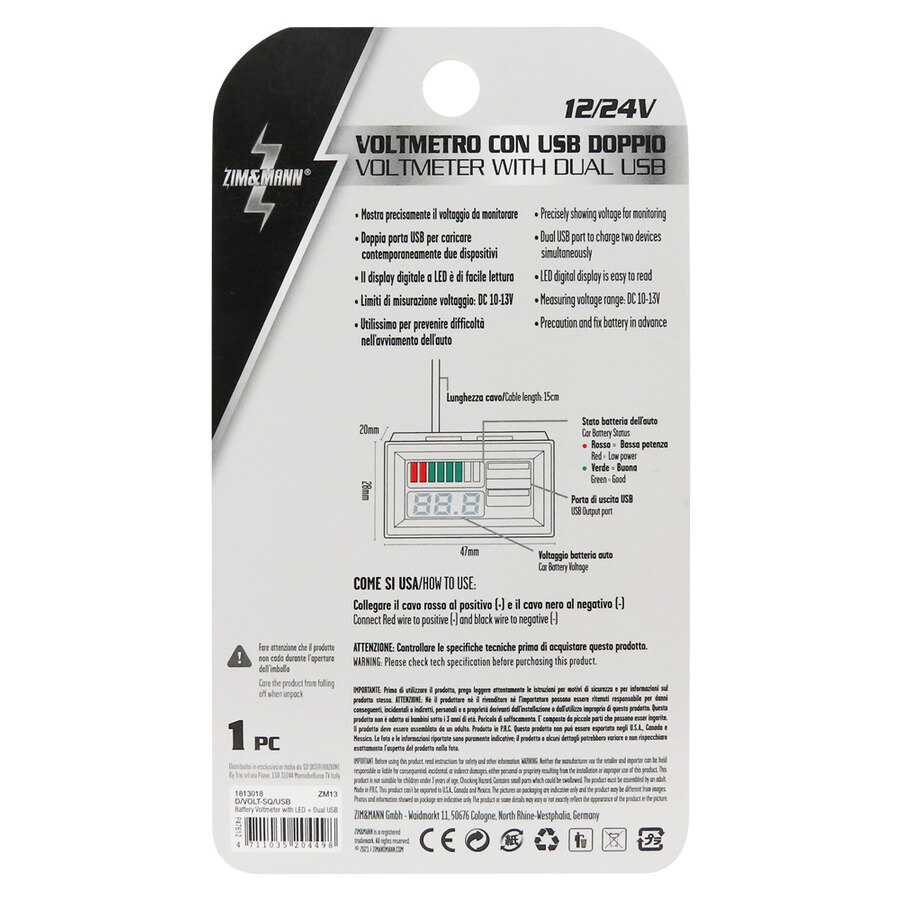VOLTMETRO DIGITALE A LED ROSSO 12-24V CON DOPPIA PRESA USB CONTROLLO TENSIONE BATTERIA AUTO CAMPER FUORISTRADA