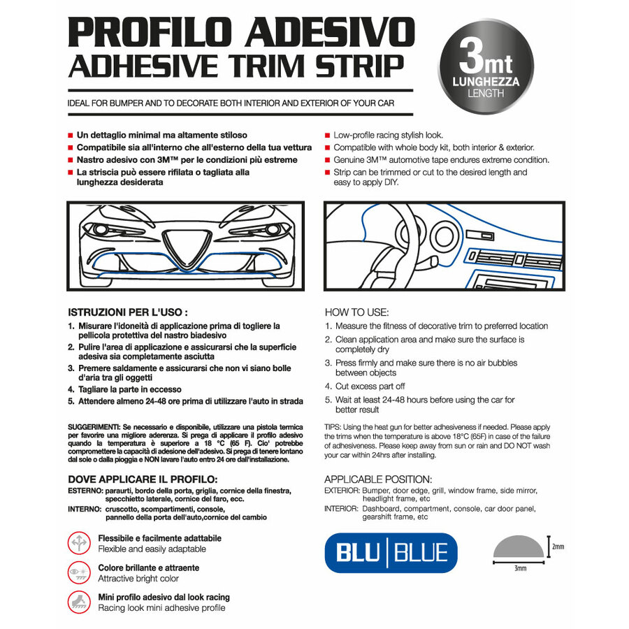 PROFILO ADESIVO BLU PER PARAURTI AUTO O CARENE MOTO INTERNI STRISCIA BLU ADESIVA 3D