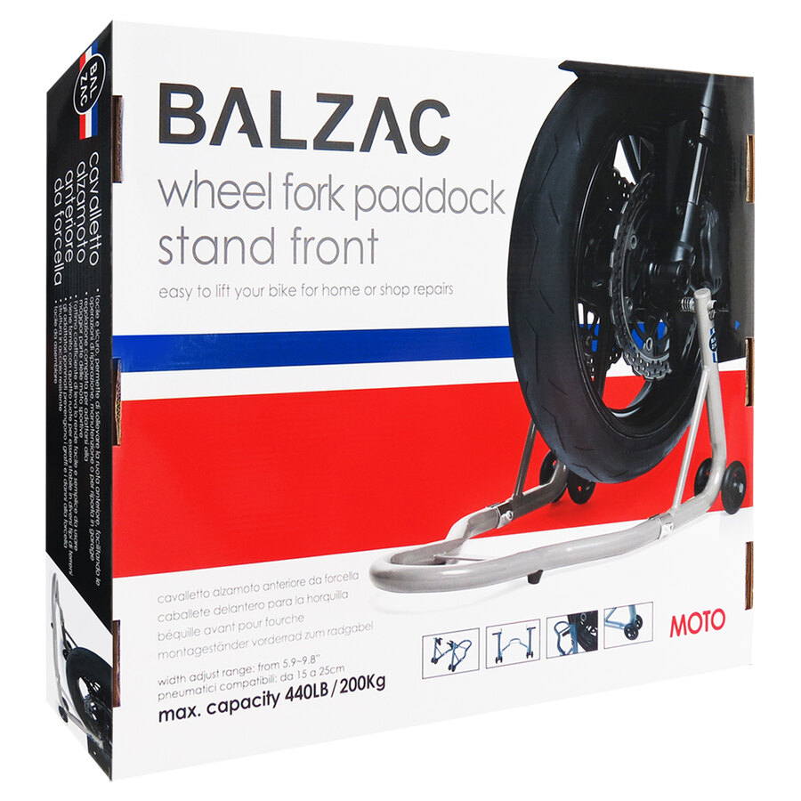 CAVALLETTO ALZAMOTO ANTERIORE BALZAC DA FORCELLA CON FORCHETTA ANTIGRAFFIO, SMONTABILE CON RUOTE