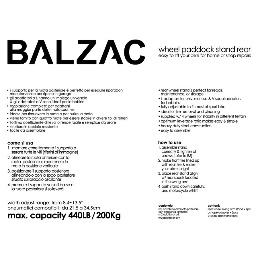 CAVALLETTO ALZAMOTO POSTERIORE BALZAC CON FORCHETTA O SUPPORTI IN GOMMA SMONTABILE CON RUOTE