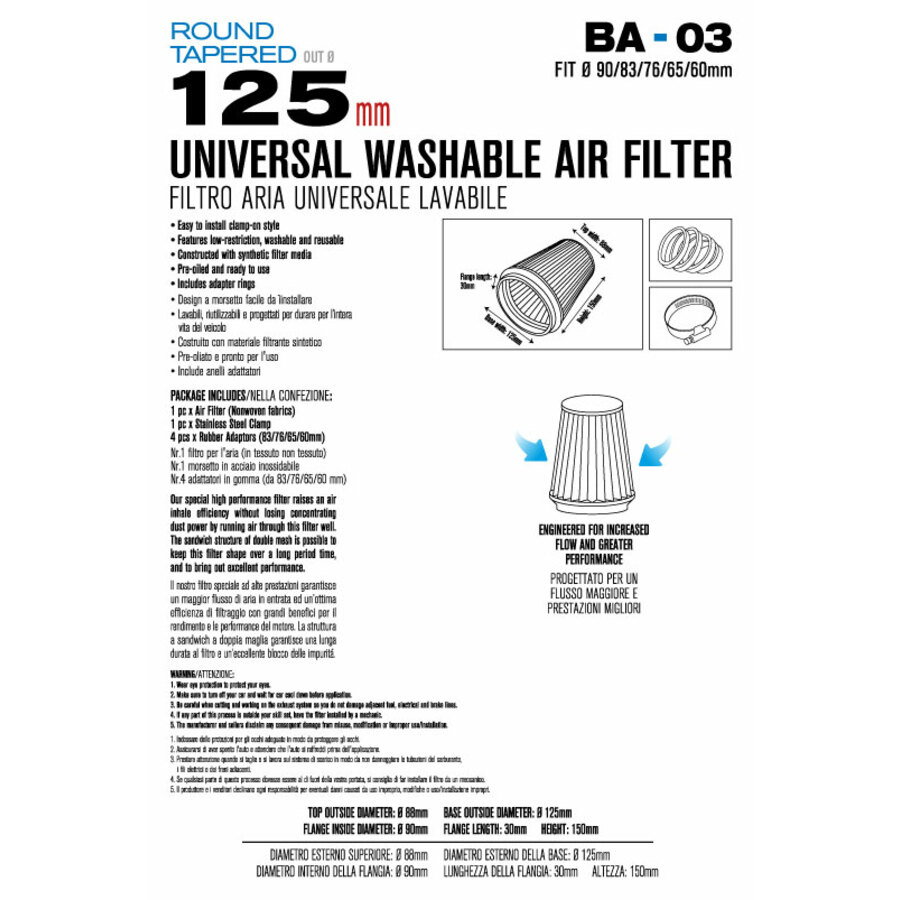 FILTRO ARIA A CONO BLU ASPIRAZIONE DIRETTA EVOKE ADATTATORI 90/83/76/65/60mm FUNGO