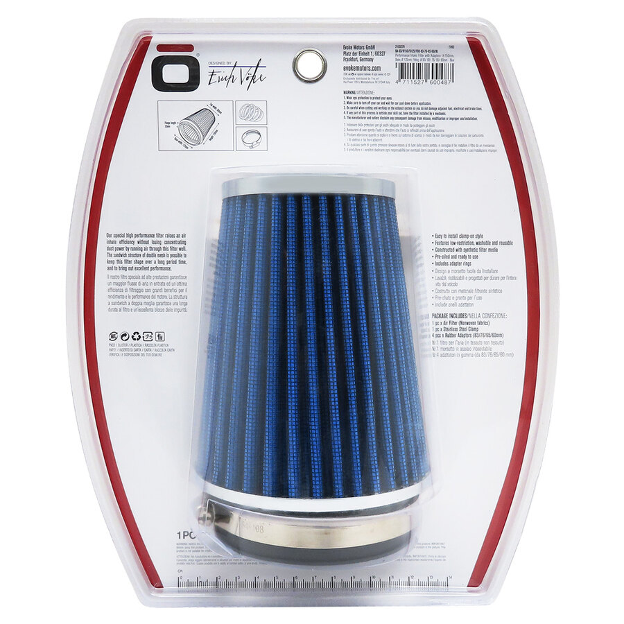 FILTRO ARIA A CONO BLU ASPIRAZIONE DIRETTA EVOKE ADATTATORI 90/83/76/65/60mm FUNGO