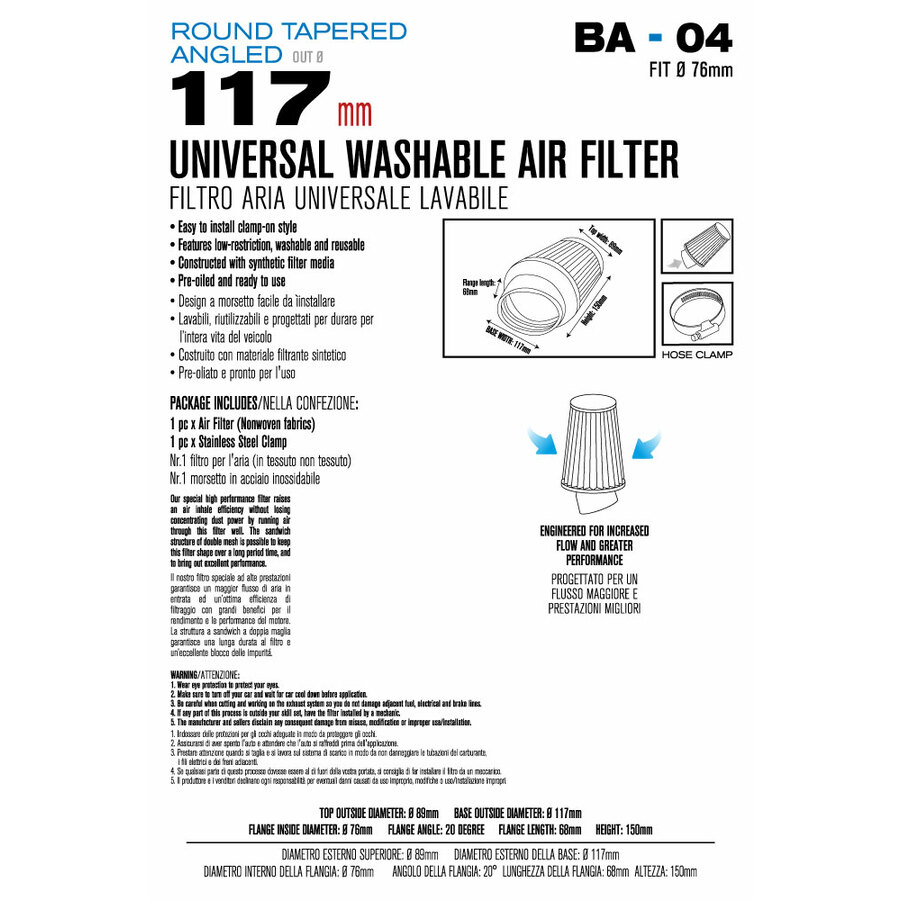 FILTRO ARIA A CONO RBLU ASPIRAZIONE DIRETTA EVOKE IMBOCCO 76 mm IMBOCCO INVLINATO 20°