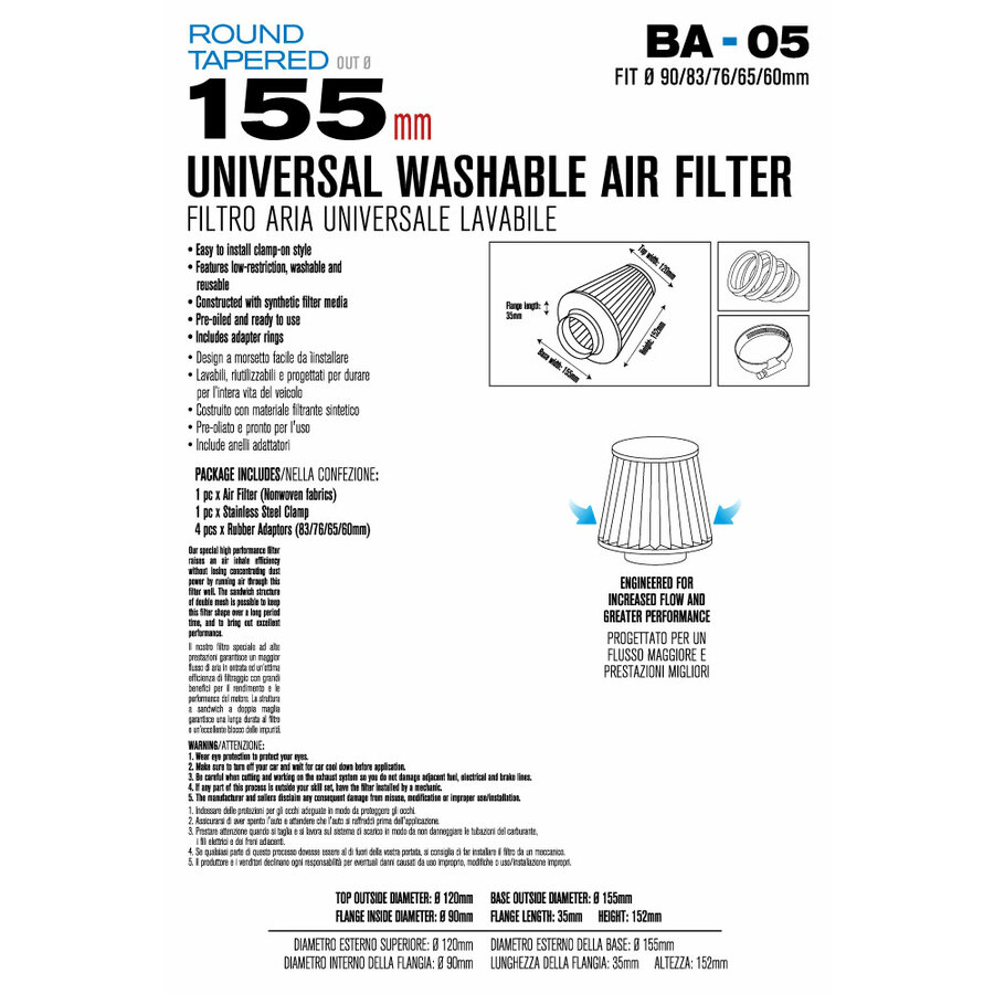 FILTRO ARIA A CONO BLU ASPIRAZIONE DIRETTA EVOKE ADATTATORI 90/83/76/65/60mm FUNGO