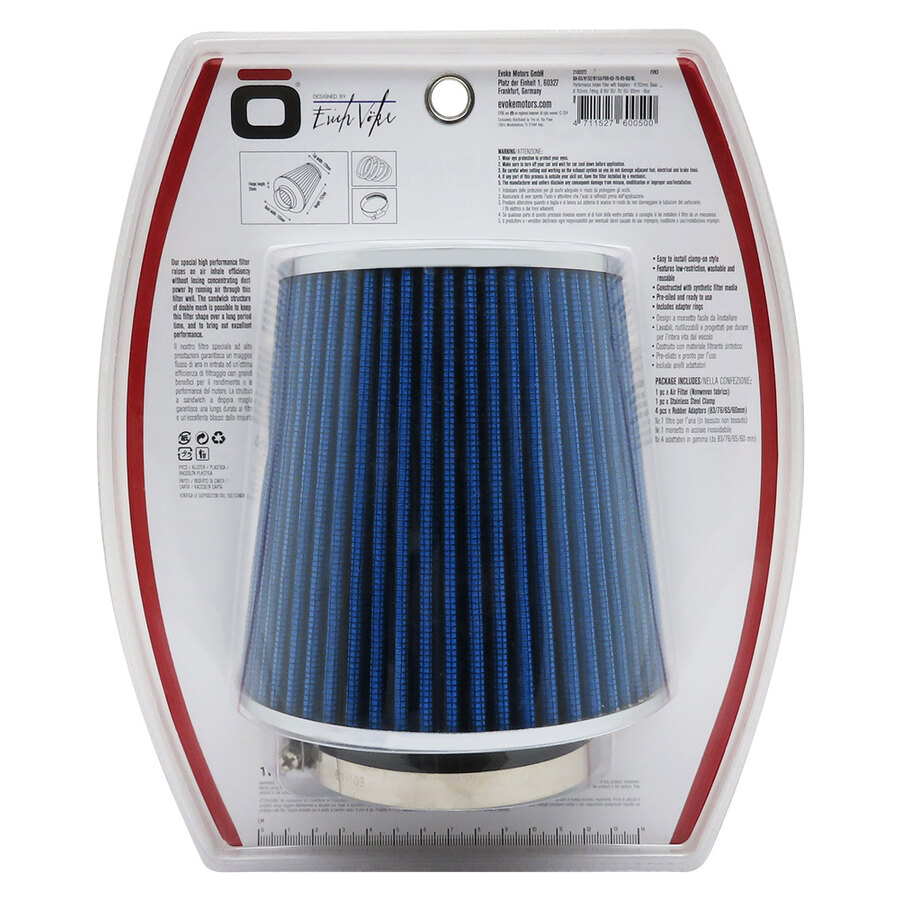 FILTRO ARIA A CONO BLU ASPIRAZIONE DIRETTA EVOKE ADATTATORI 90/83/76/65/60mm FUNGO