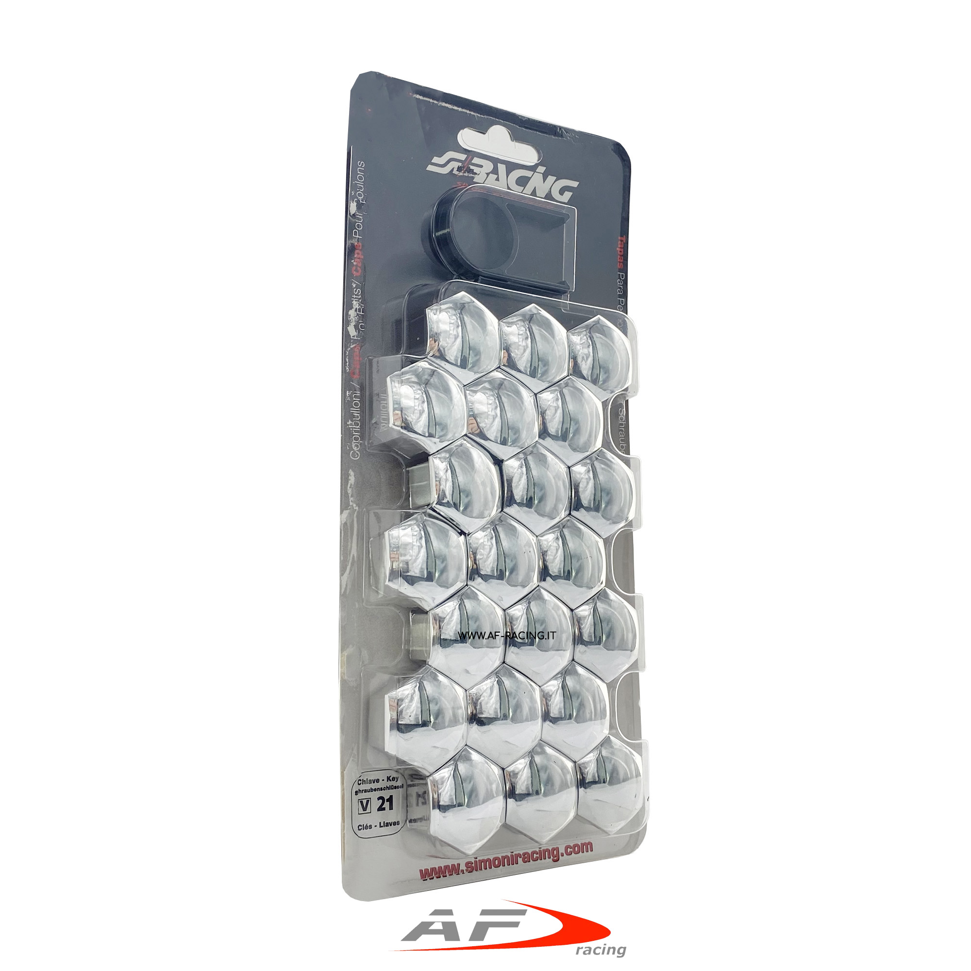 SET 20 COPRI BULLONI CROMATI PER CERCHI RUOTE AUTO SIMONI RACING COMPRESO DI ESTRATTORE CHIAVE 19