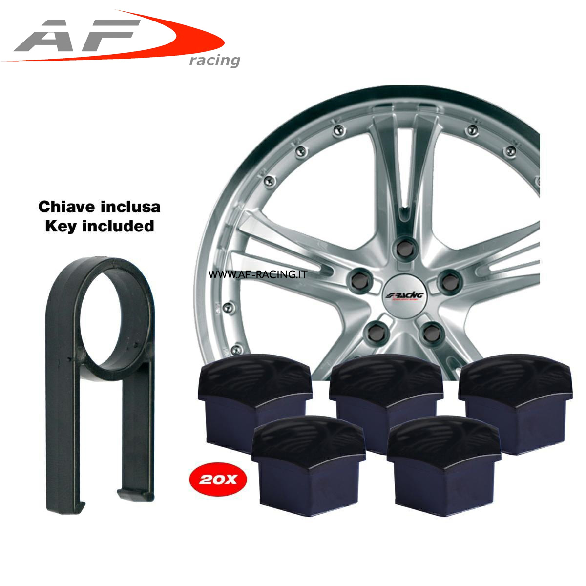 SET 20 COPRI BULLONI NERI PER CERCHI RUOTE AUTO SIMONI RACING COMPRESO DI ESTRATTORE CHIAVE 19