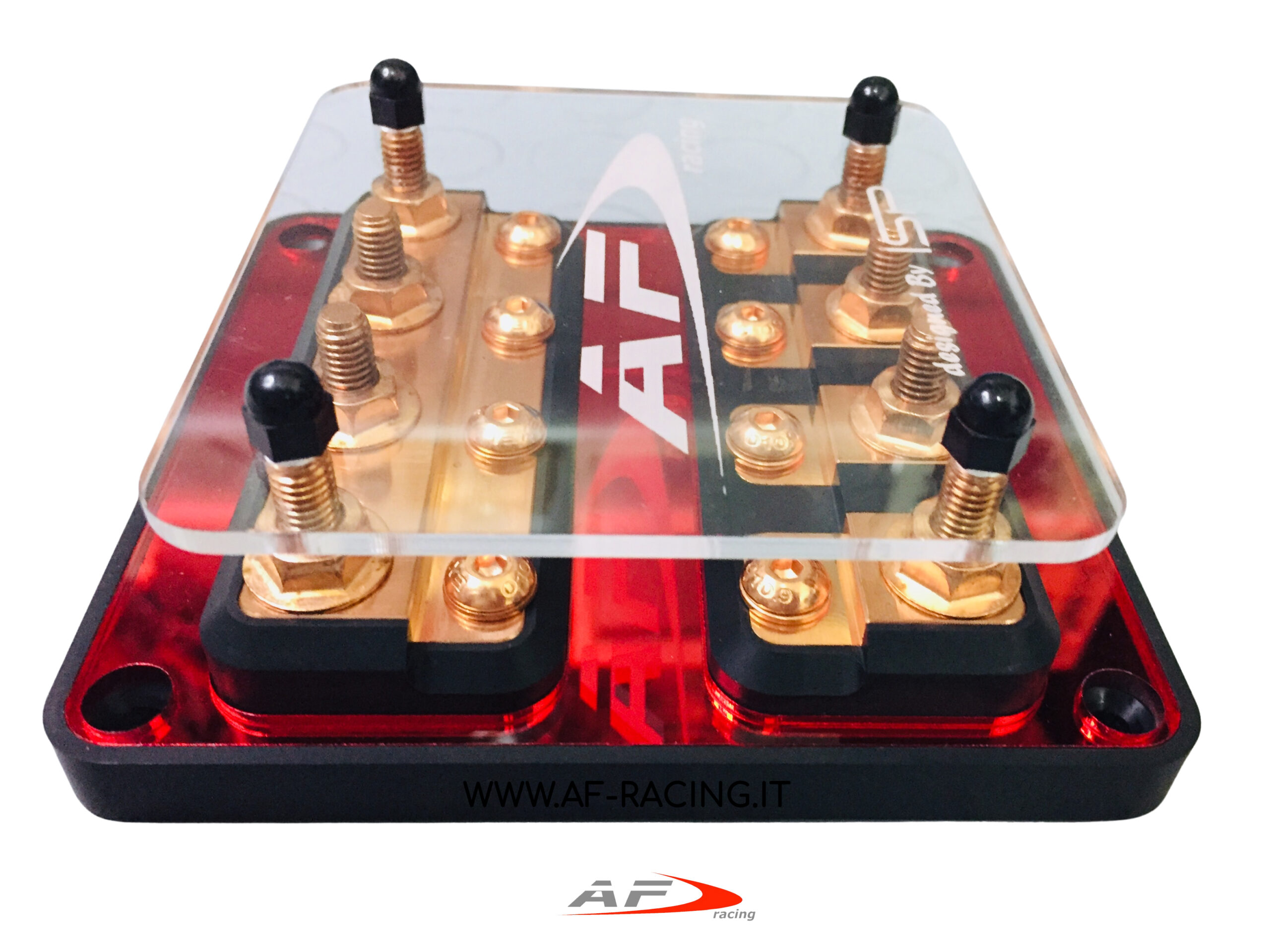 PORTAFUSIBILE FUSIBILIERA 4 POSTI AUTO IMPIANTO STEREO ALTISSIMA QUALITA' ISP ATTACCHI IN RAME PASSIVATO PERSONALIZZATA AF RACING