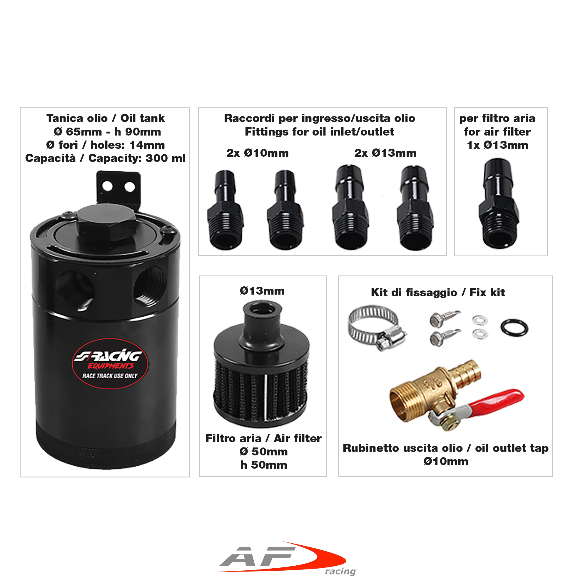 RECUPERO VAPORI OLIO MOTORE PER AUTO SIMONI RACING IN ALLUMINIO DECANTER NERO CON FILTRINO E ACCESSORI